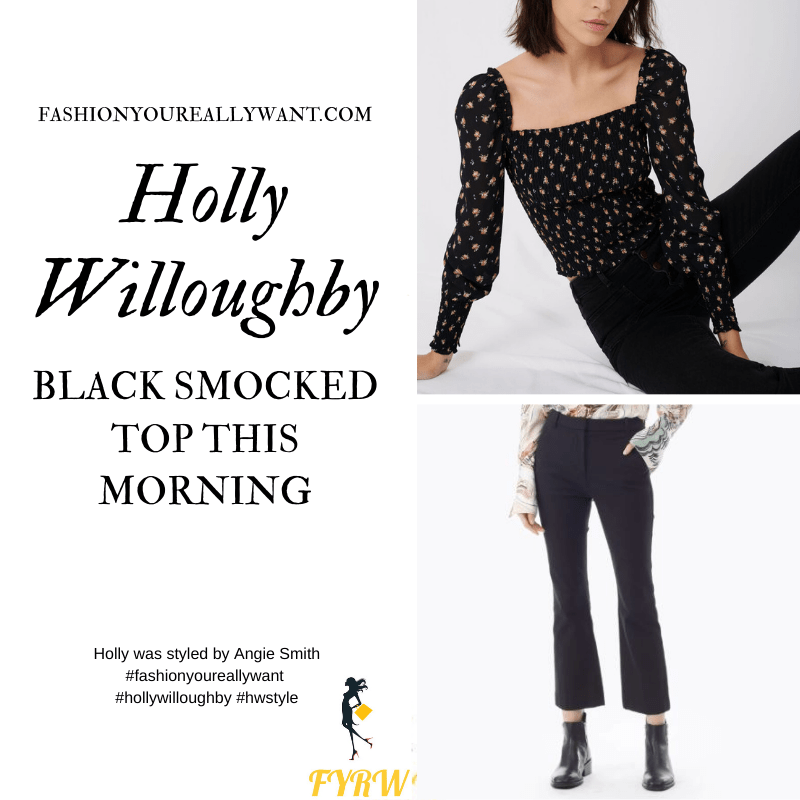 Where to get all Holly Willoughby This Morning outfits blog September 2020 square neck black floral smocked top black kick flare trousers black court shoes