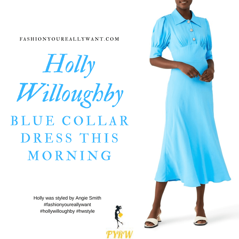 Where to get all Holly Willoughby This Morning outfits blog September 2020 blue midi dress with collar and buttons short sleeves nude suede court shoes