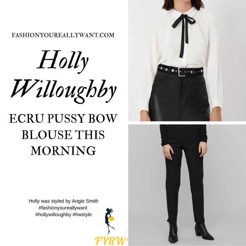 Where to get all Holly Willoughby This Morning outfits blog September 2020 white blouse with black tie pussy bow black slim trouser black suede court shoes