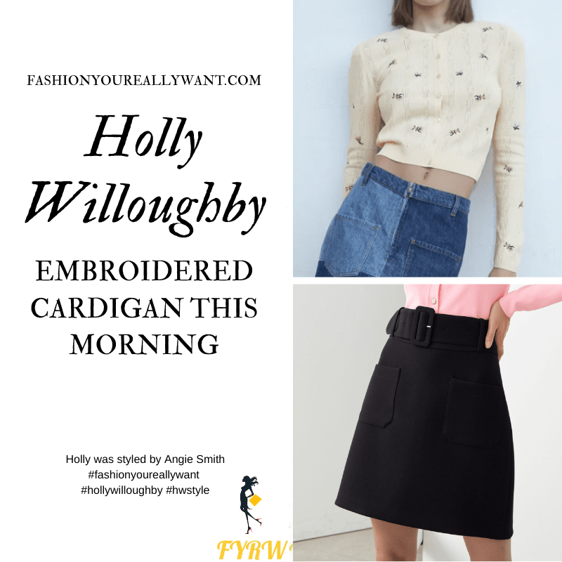 Where to get all Holly Willoughby This Morning outfits blog September 2020 cream embroidered cardigan black belted mini skirt black court shoes