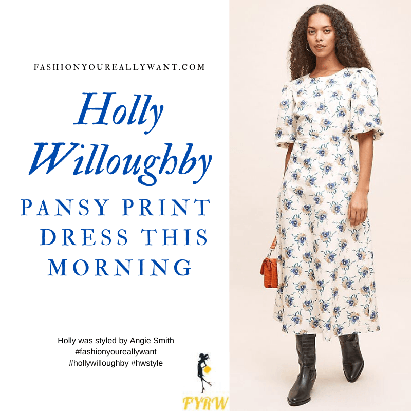 Where to get all Holly Willoughby This Morning outfits blog September 2020 off white short sleeve midi dress floral pansy ribbon print nude suede court shoes