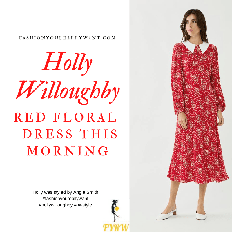 Where to get all Holly Willoughby This Morning outfits blog September 2020 long sleeve red floral dress white collar