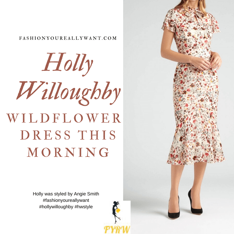 Where to get all Holly Willoughby This Morning outfits blog September 2020 pink fill sleeve tie neck midi dress burgundy court shoes