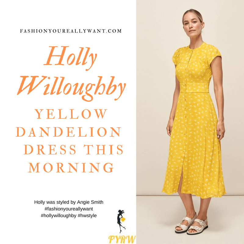 Where to get all Holly Willoughby This Morning outfits blog September 2020 yellow short sleeve midi dress dandelion print