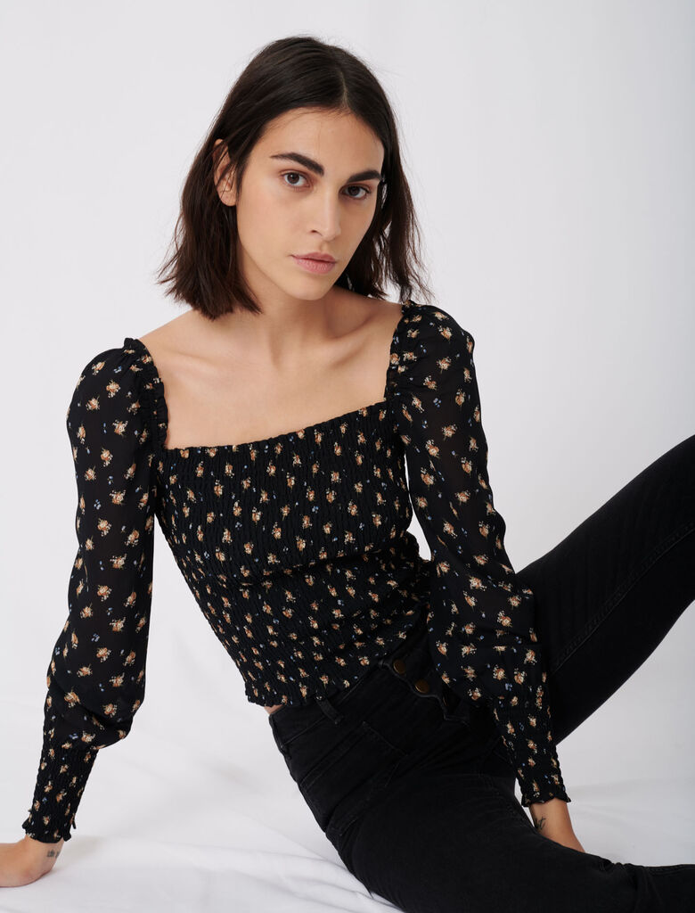 Maje Smocked Top in Printed Muslin