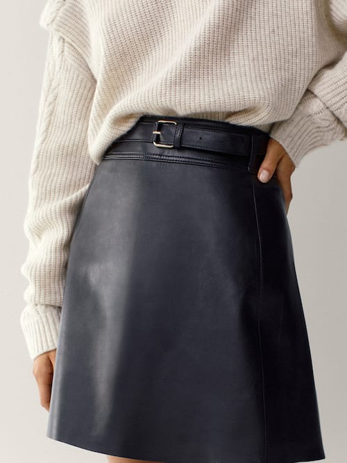 Massimo Dutti Black Leather Short Skirt With Belt