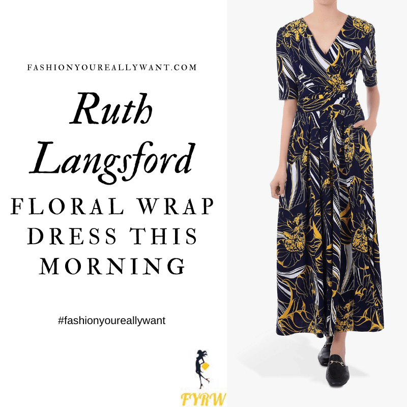 Where to get all Ruth Langsford This Morning outfits blog August 2020 navy black yellow and white floral wrap front short sleeve maxi dress