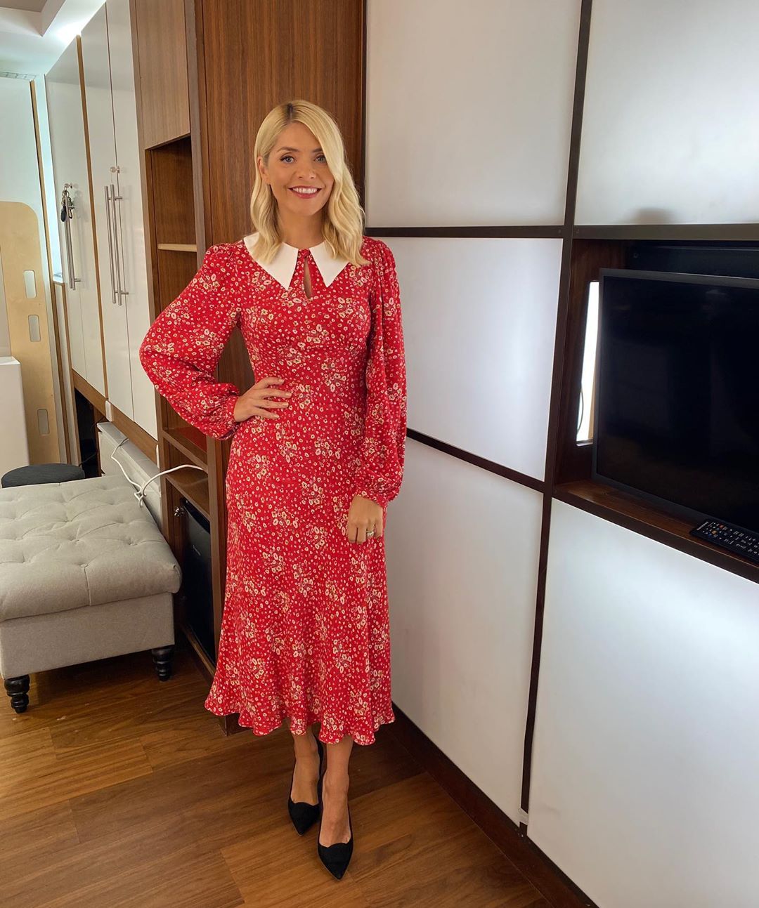 where to get all Holly Willoughby This Moring dresses red floral long sleeve dress white collar 7 September 2020 Photo Holly Willoughby