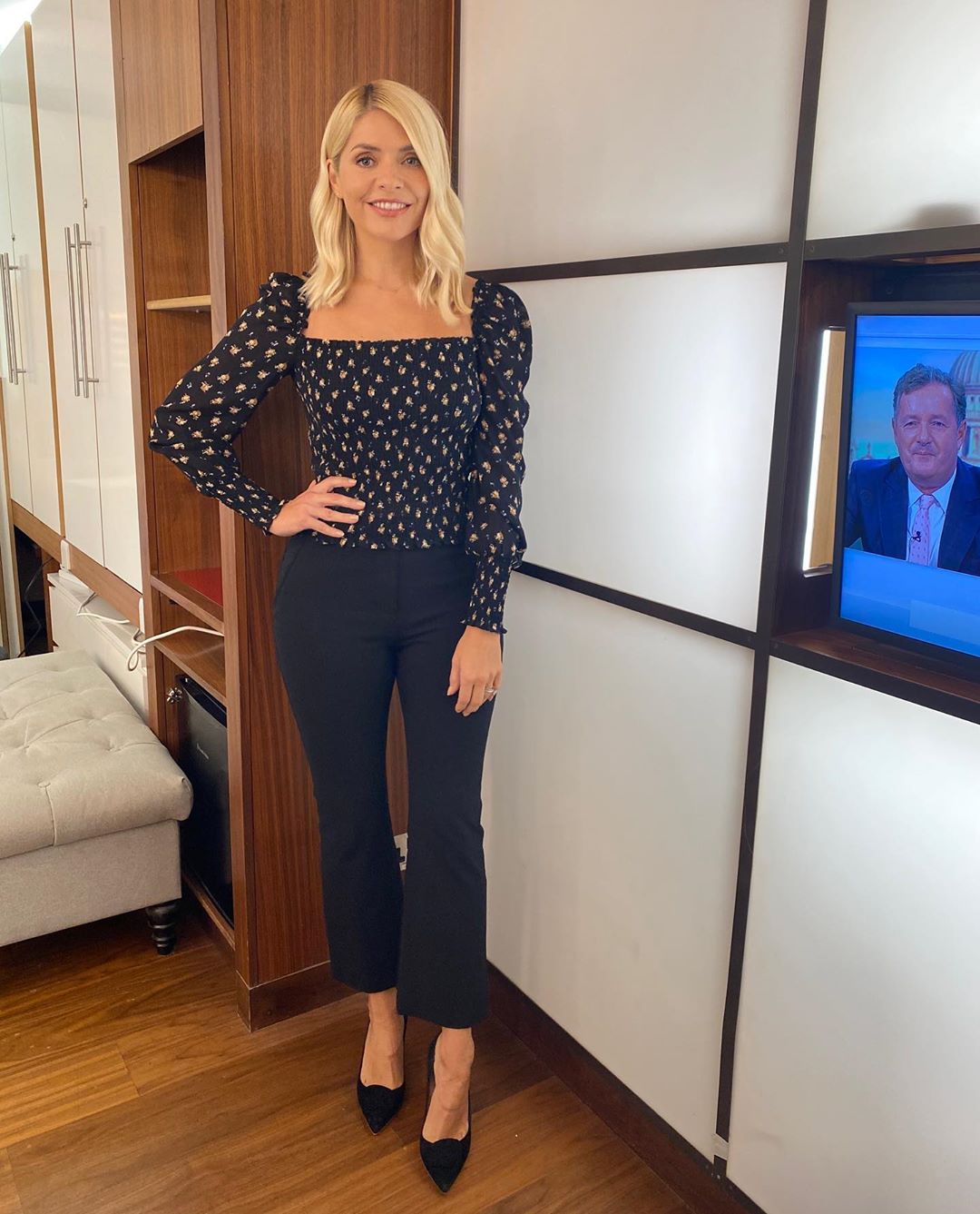 where to get all Holly Willoughby This Morning outfits black floral smocked top black kick flare leggings black court shoes 9 September 2020 Photo Holly Willoughby