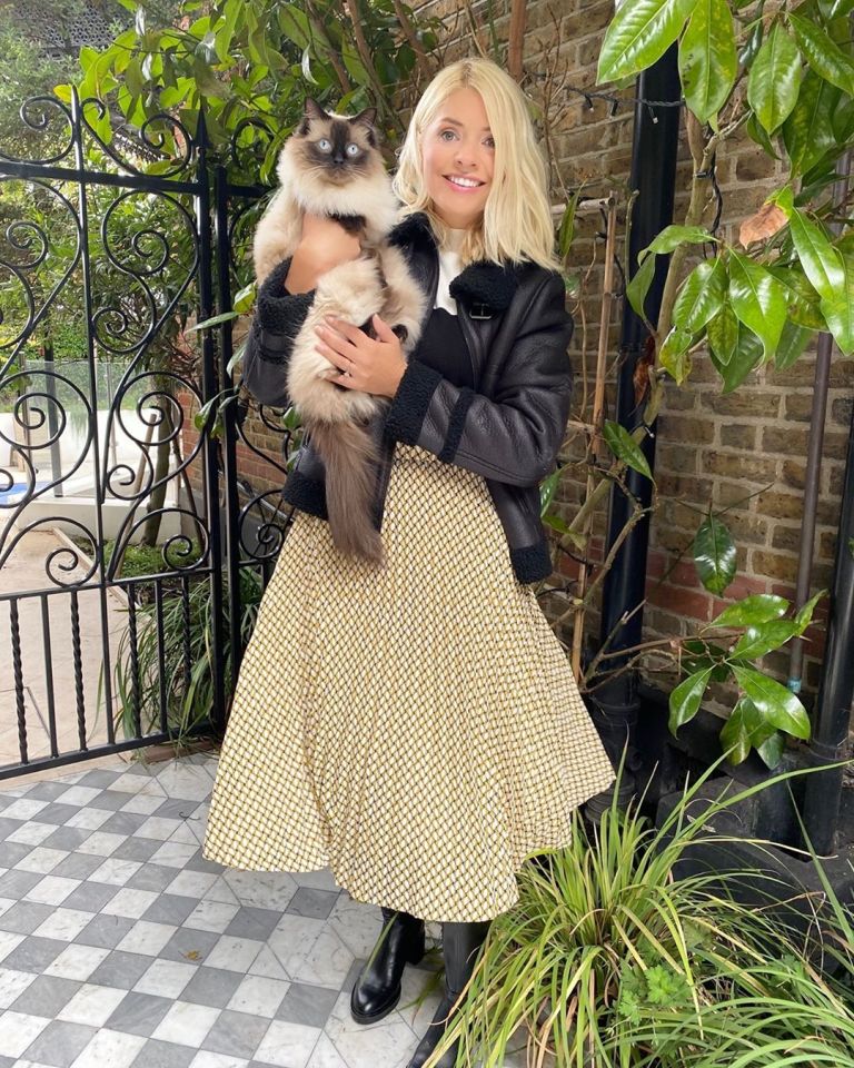 where to get Holly Willoughby shearling jacket geometric print skirt color block jumper 24 September 2020 Photo M&amp;S