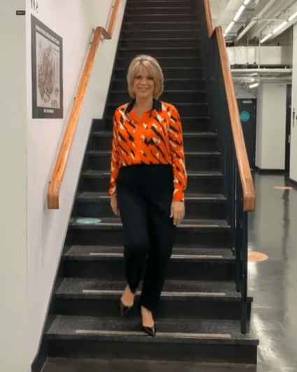 where to get Ruth Langsford This Morning outfits orange black white shirt black trousers black court shoes 26 September 2020 Photo Ruth Langsford