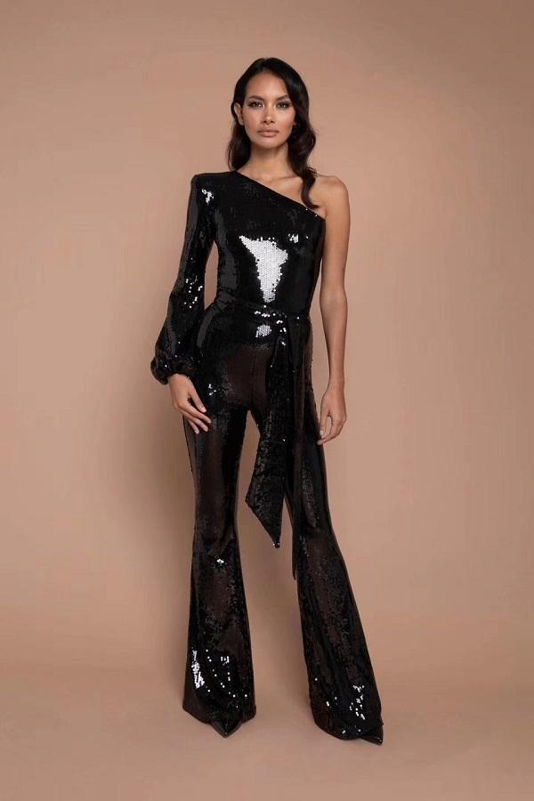 Black Long Sleeve One Sleeve Sequin Fashion Jumpsuit