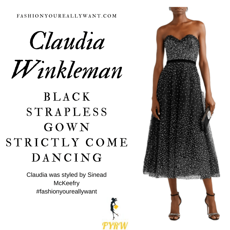 Claudia Winkleman Strictly Come Dancing Week 1 October 2020 where to get her outfits black beaded strapless gown