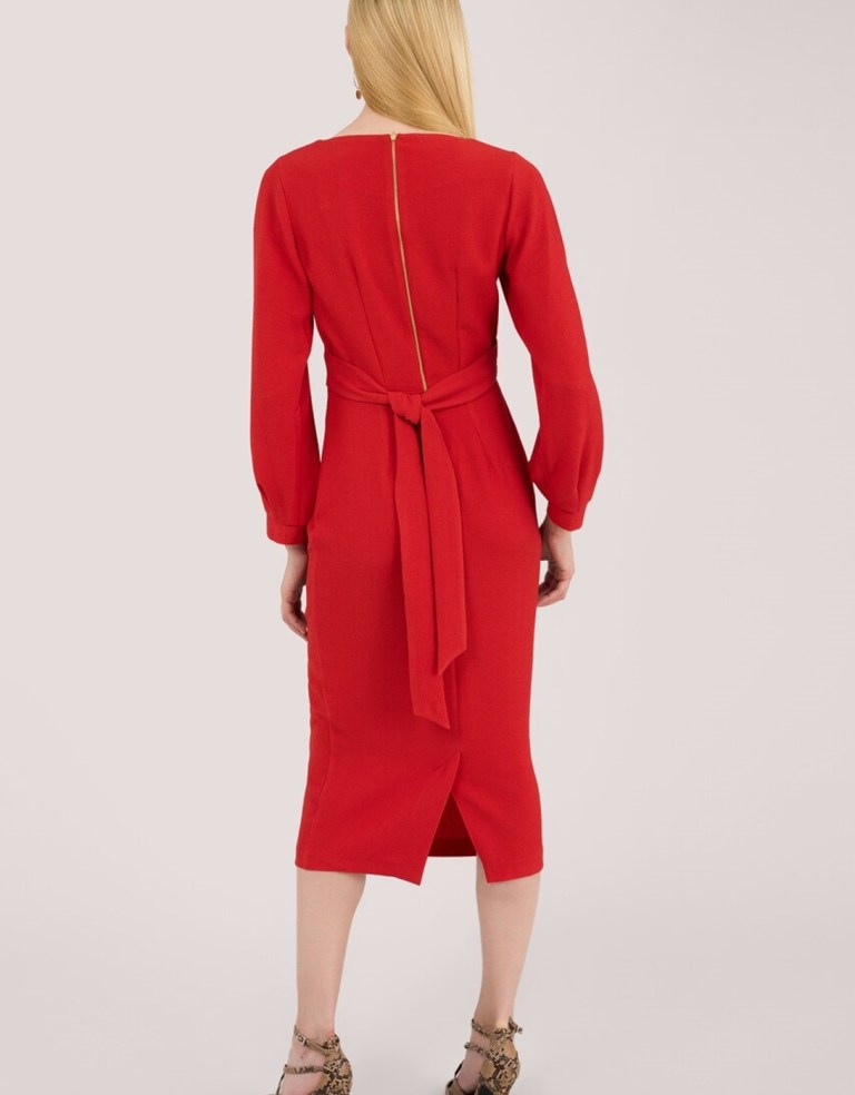 Closet London Red Pleated Long Sleeve Midi Dress back view