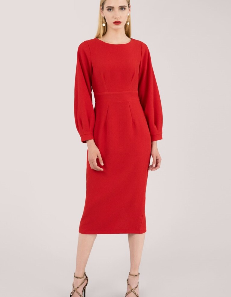 Closet London Red Pleated Long Sleeve Midi Dress
