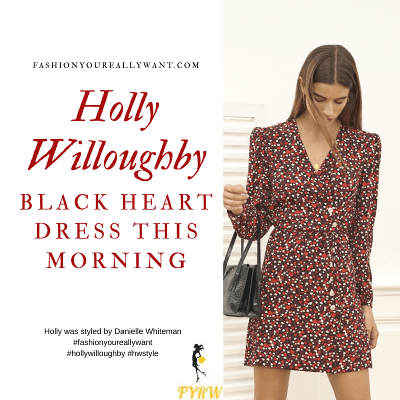 Where to get all Holly Willoughby This Morning outfits blog October 2020 red and black heart print v neck mini dress white polo neck black ankle boots