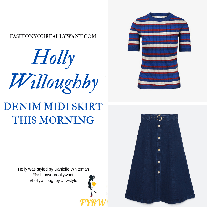 Where to get all Holly Willoughby This Morning outfits blog October 2020 blue white striped short sleeve knit midi button front denim skirt with belt navy suede court shoes