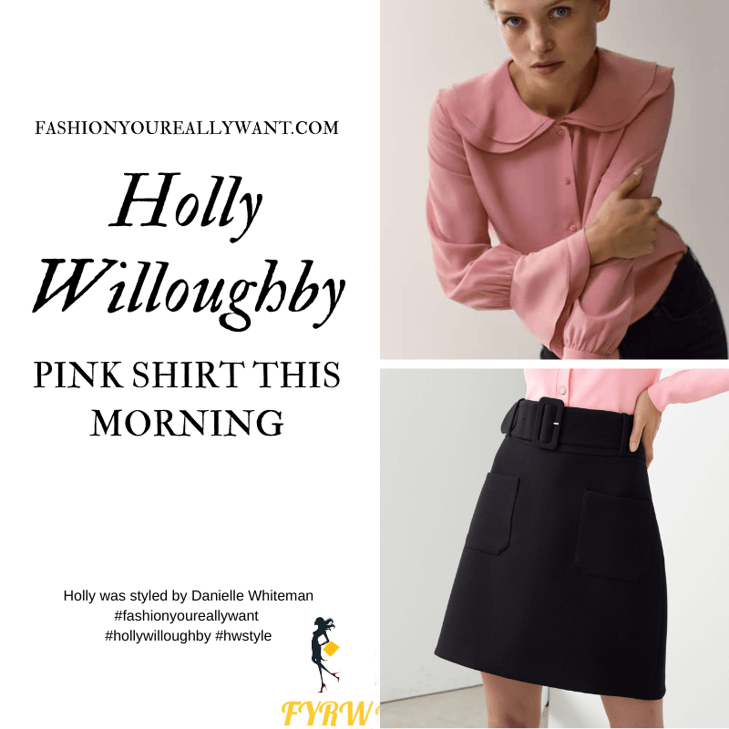 Where to get all Holly Willoughby This Morning outfits blog October 2020 pink shirt with collar and rufflees black belted mini skirt black ankle boots