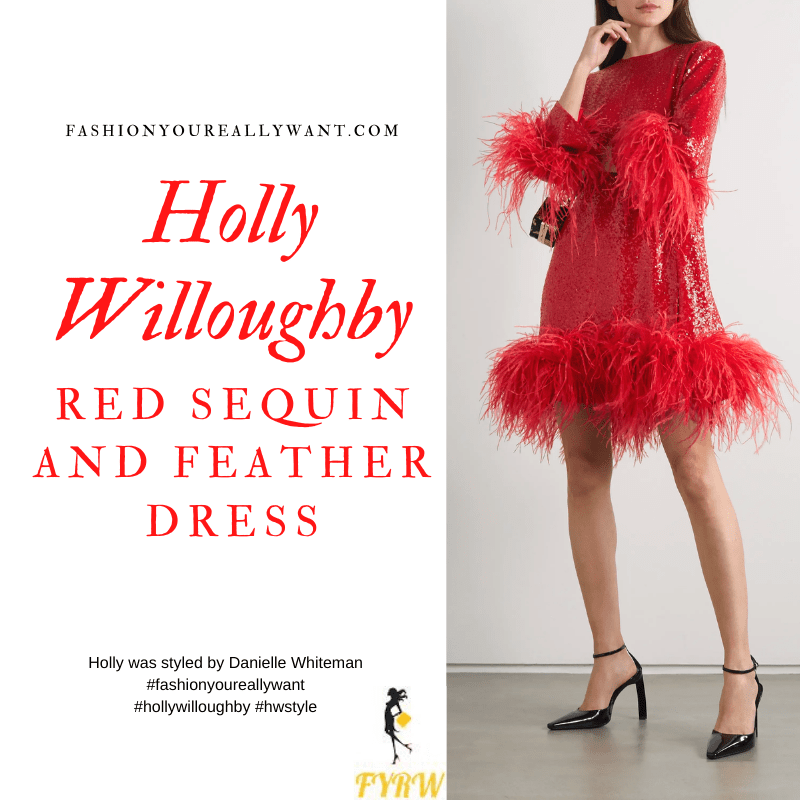 Where to get all Holly Willoughby outfits blog October 2020 red sequin and feather dress black sandals