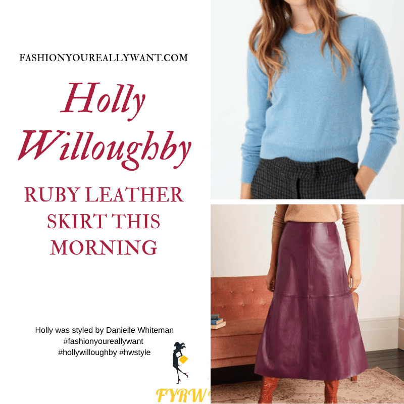 Where to get all Holly Willoughby This Morning outfits blog October 2020 red leather midi skirt blue knit wine court shoes