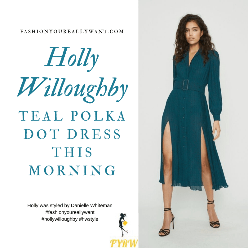 Where to get all Holly Willoughby This Morning outfits blog October 2020 blue green teal polka dot button front dress black knee highn boots