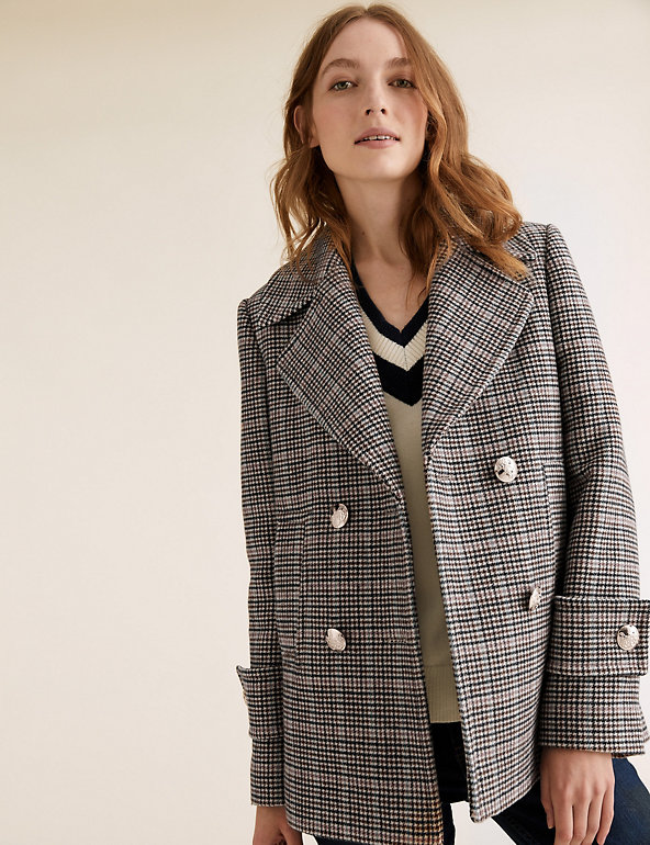 M&amp;S Collection Checked Pea Coat with Wool