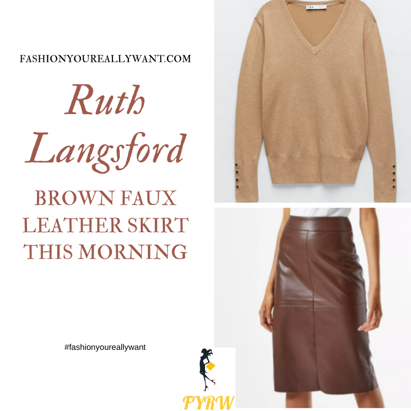 Where to get all Ruth Langsford This Morning outfits blog October 2020 brown v neck jumper with buttons brown faux leather skirt leopard court shoes