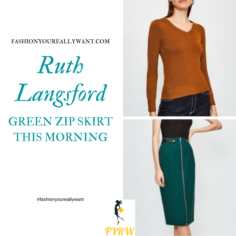 Where to get all Ruth Langsford This Morning outfits blog October 2020 tan gold v neck jumper green zip pencil skirt tan shoes tan croc bag