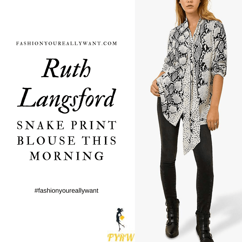 Where to get all Ruth Langsford This Morning outfits blog October 2020 black and white snake print tie neck blouse