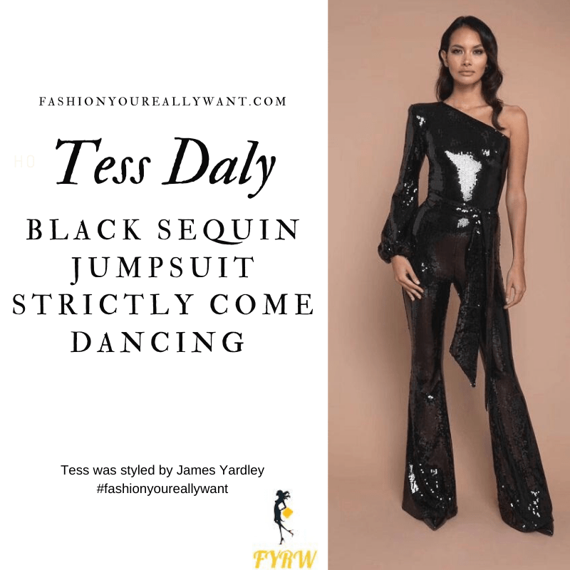 Tess Daly Strictly Come Dancing Week 1 October 2020 where to get her outfits black one sleeve sequin jumpsuit