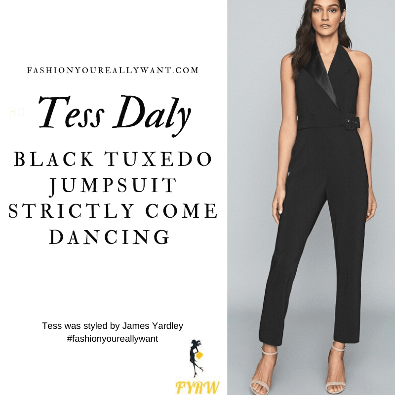 Tess Daly Wore This on Strictly Come Dancing Week 2 November 2020 where to get her outfits black sleeveless tuxedo jumpsuit gold glitter court shoes