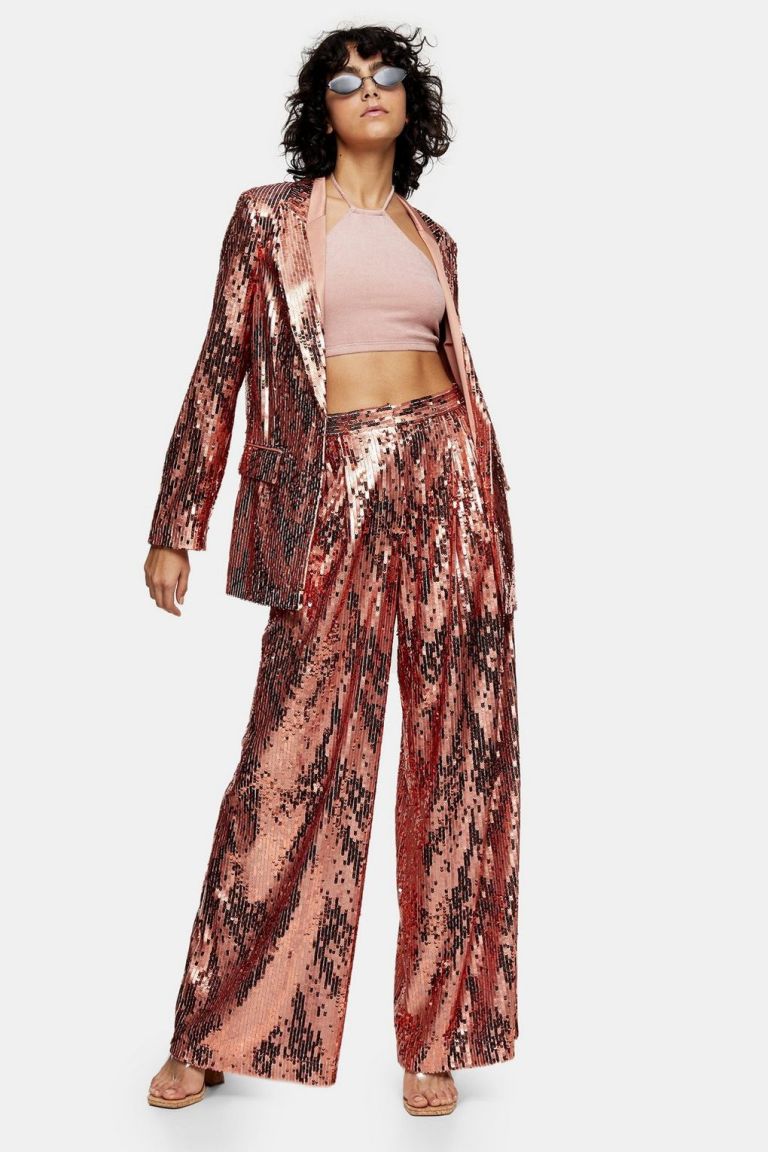 Topshop IDOL Copper Sequin Wide Leg Trousers
