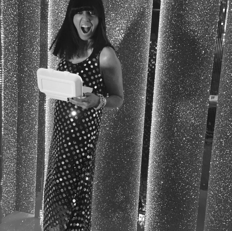 where to get all Claudia Winkleman Strictly dresses black mirrorwork georgette dress 31 October 2020 Photo Claudia Winkleman