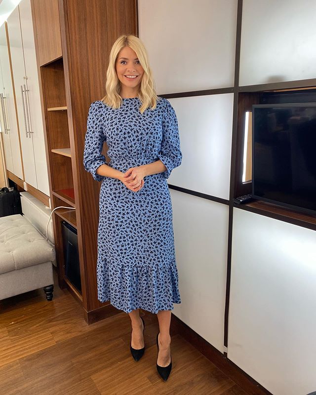 where to get all Holly Willoughby This Morning dresses blue long sleeve dirst midi dress black suede court shoes 12 October 2020 Photo Holly Willoughby
