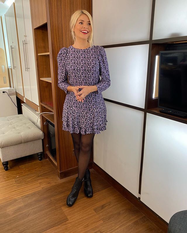 where to get all Holly Willoughby This Morning dresses blue printed mini dress black ankle boots 1 October 2020 Photo Holly Willoughby