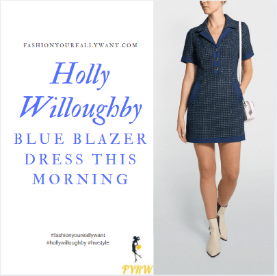 where to get all Holly Willoughby This Morning dresses blue short sleeve knit blazer dress white polo neck white ankle boots 6 October 2020