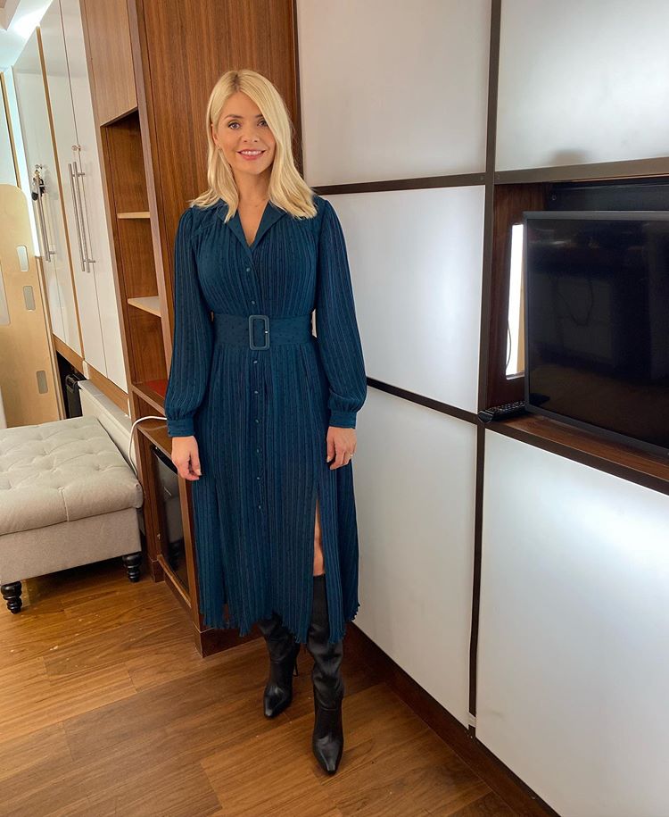 where to get all Holly Willoughby This Morning dresses teal green polka dot long sleeve dress black boots 13 October 2020 Photo Holly Willoughby