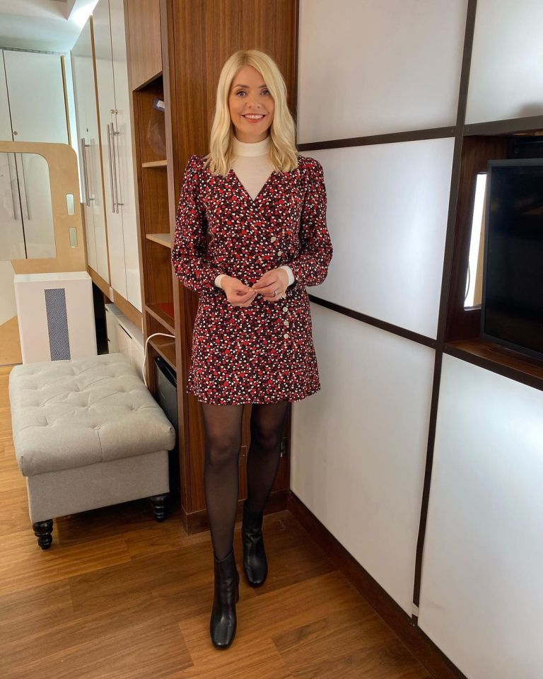 where to get all Holly Wiloughby This Morning dresses black heart print dress v neck cream polo neck black ankle boots 26 October 2020 Photo Holly Willoughby