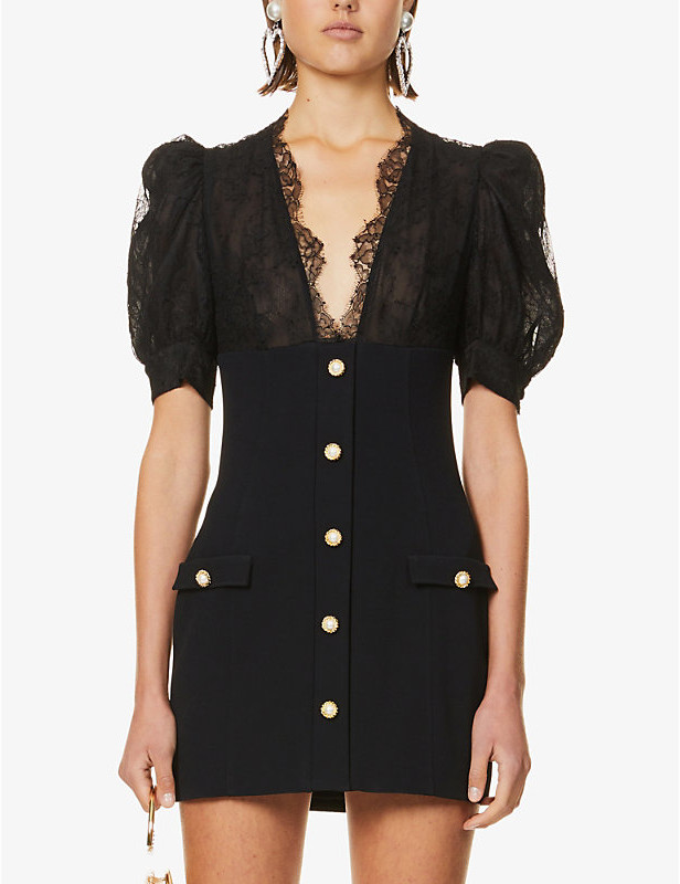 Alessandra rich Puff-sleeve floral-lace stretch-crepe mini dress