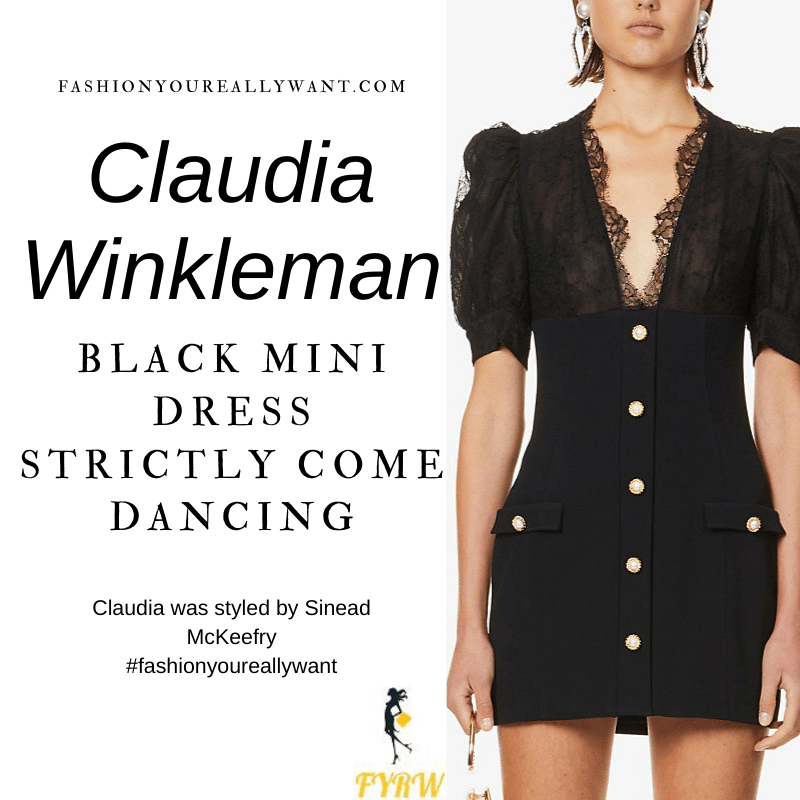 Claudia Winkleman Wore This on Strictly Come Dancing Week 6 Results November 2020 where to get her outfits black mini dress lace top embellished buttons