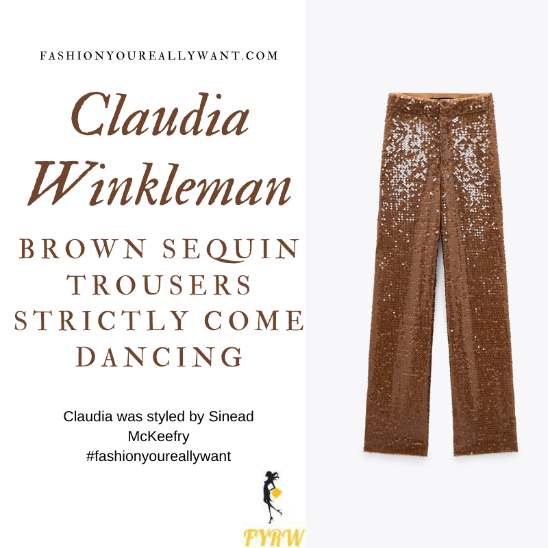 Claudia Winkleman Wore This on Strictly Come Dancing Week 2 Results November 2020 where to get her outfits gold brown sequin wide leg trousers