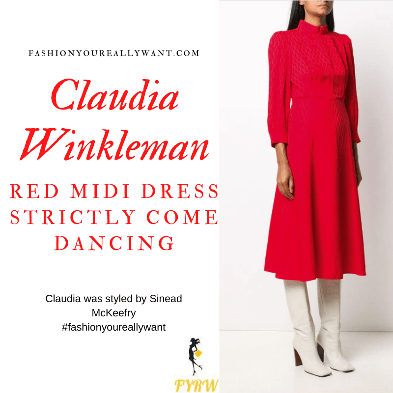 Claudia Winkleman Wore This on Strictly Come Dancing Week 4 Results November 2020 where to get her outfits red textured long sleeve midi dress