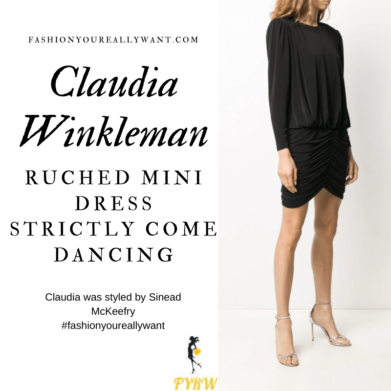 Claudia Winkleman Wore This on Strictly Come Dancing Week 5 Results November 2020 where to get her outfits black ruched mini dress white court shoes