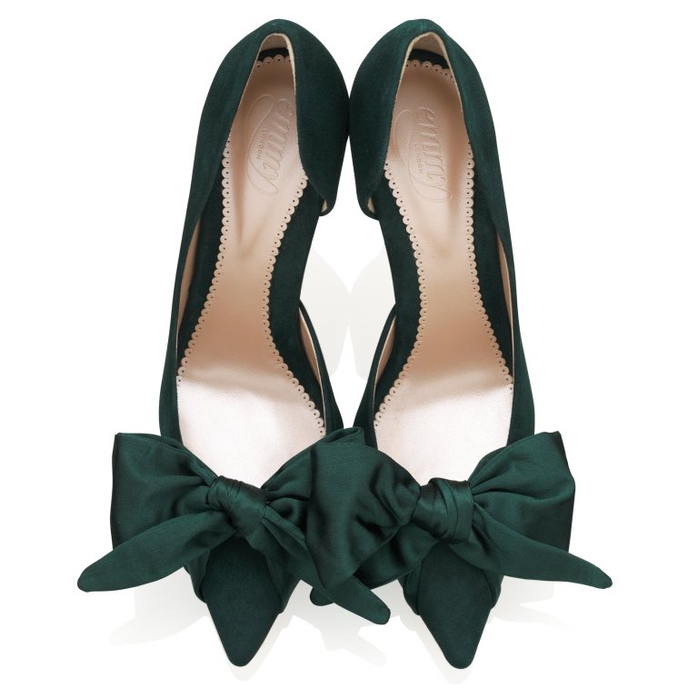 Emmy London Florence Greenry Mid Green Suede Court Shoe with Satin Bow