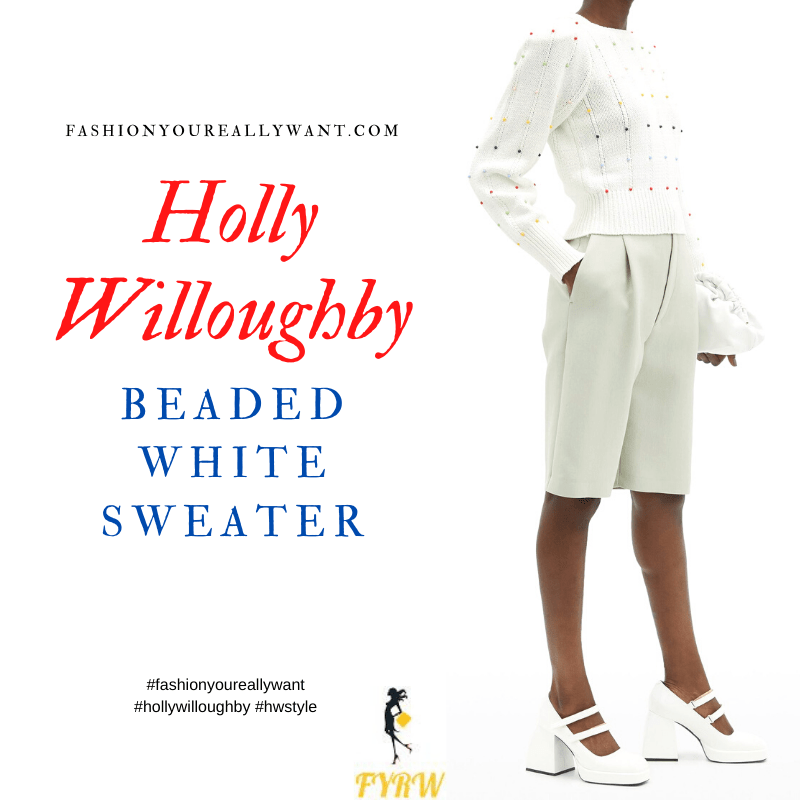 Where to get all Holly Willoughby outfits blog November 2020 white cable jumper with multi colour beads Portal advert