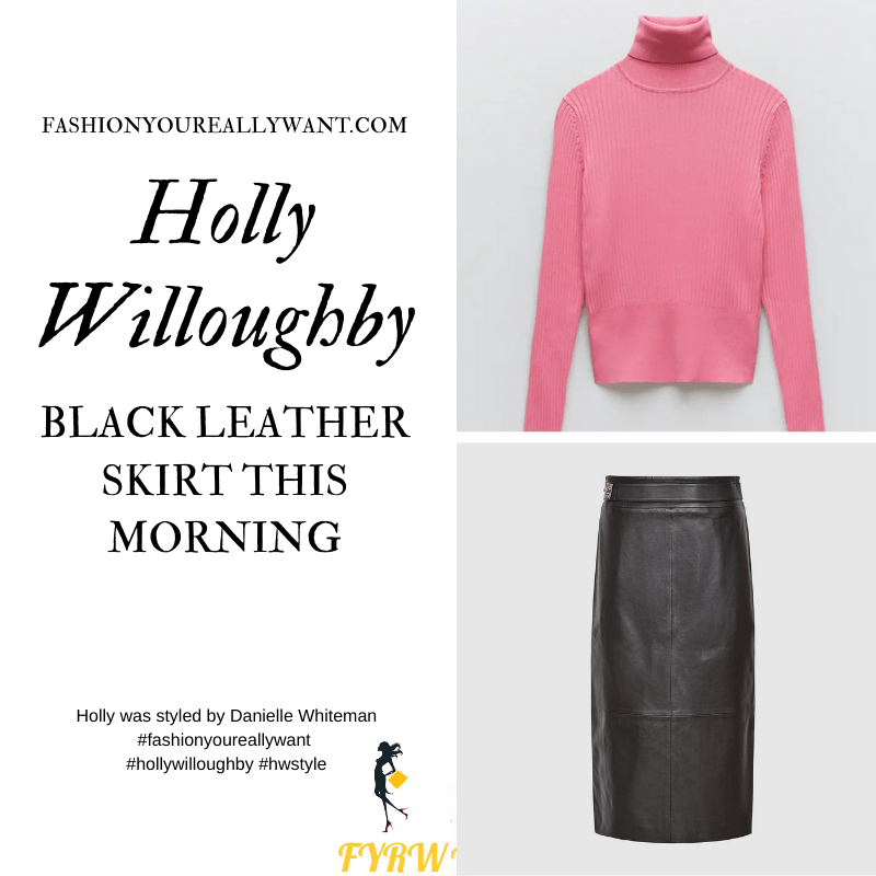 Where to get all Holly Willoughby This Morning outfits blog November 2020 pink ribbed polo neck black leather pencil skirt black suede court shoes