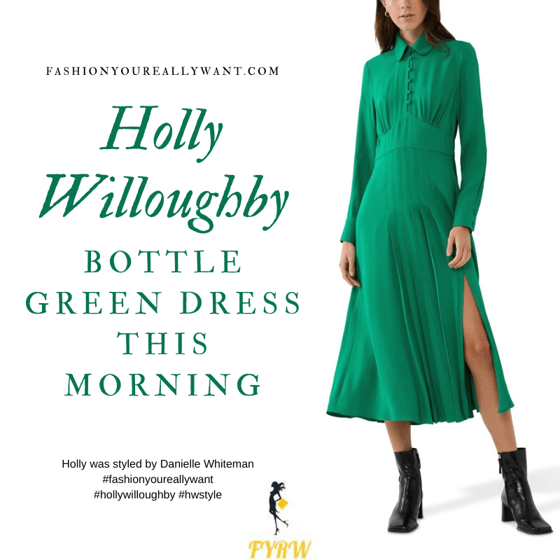 Where to get all Holly Willoughby This Morning outfits blog November 2020 green midi dress with long sleeves collar and buttons black suede court shoes