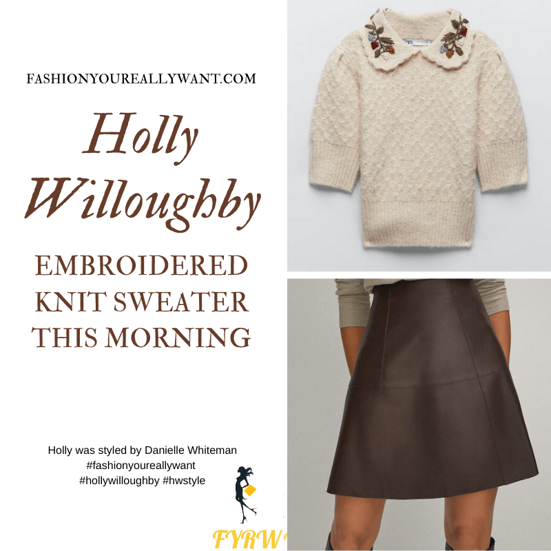 Where to get all Holly Willoughby This Morning outfits blog November 2020 beige short sleeve embrodered knit brown leather mini skirt black ankle boots