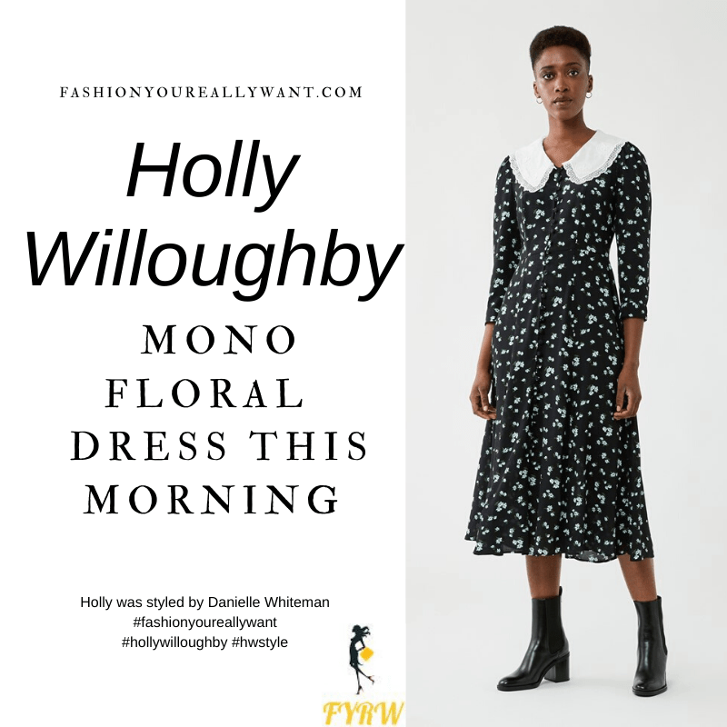 Where to get all Holly Willoughby This Morning outfits blog November 2020 black and white floral midi dress with white collar black shoes