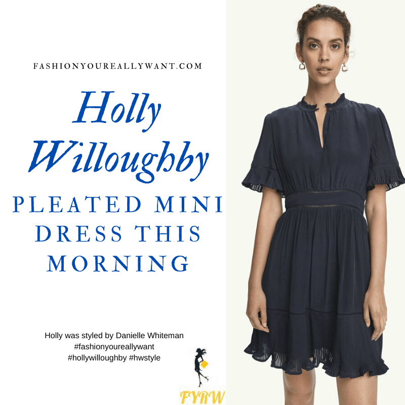 Where to get all Holly Willoughby This Morning outfits blog November 2020 navy blue short sleeve pleated mini dress navy suede court shoes